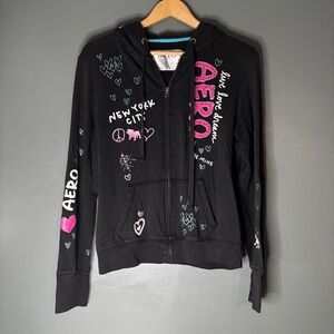 Aero Black Zip-Up Hoodie with Pink Sequin Accent & Light Blue Hearts